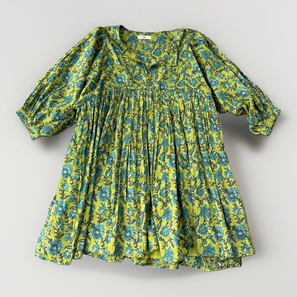 Natural Life Aimee Mini Tunic Dress Size L Green Blue Floral Boho Cotton